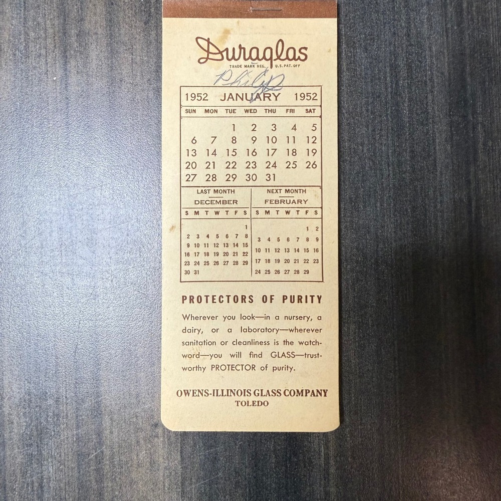 Duraglas 1952 Calendar Memo Pad Vintage Recipe Card Collectible‎ Toledo